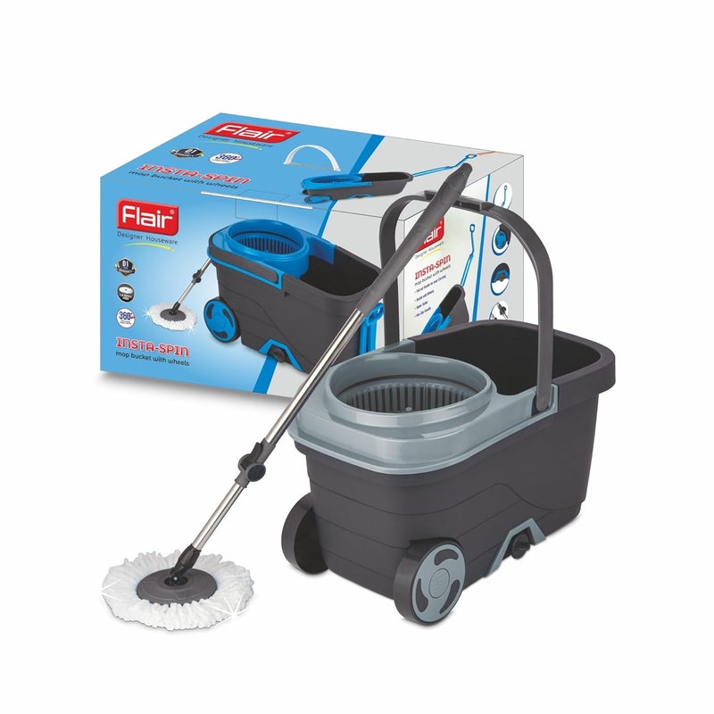Flair Flair Insta Spin Mop Bucket (15L) - 360° Cleaning, Extra Large Wheels, Includes 2 Microfiber Refills - Gray - Image 3