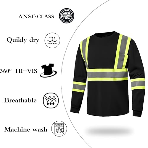 DPSAFETY High Visibility Shirts Quick Dry Safety T Shirts with Reflective Strips and Pocket Short Sleeve Mesh Hi Vis Construction Work Class 2 Shirt for Men/Women Black Bottom Lime,XL - Image 2