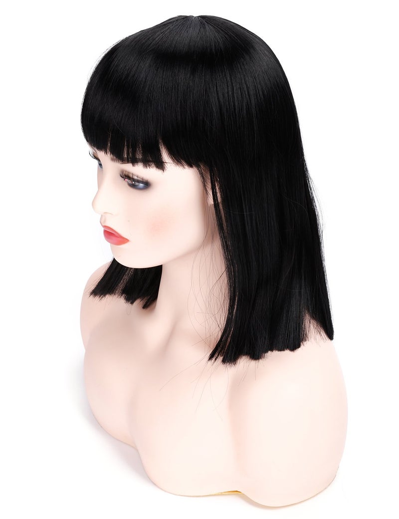 morvally Short Straight Black Wig with Bangs Natural Looking Heat Resistant Hair Cosplay Costume Wigs 14 inches Natural Black