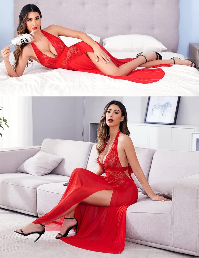 RioDebella Women Babydoll V Neck Chemise Halter Mesh Nightwear Long Gown Sheer Dress - Image 3