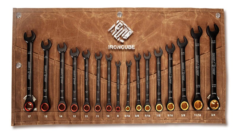 ironcube Ratcheting Wrench Set 16 Piece - Metric and Standard - Black Combination Ratchet Wrenches - Including Wax Canva Bag - LIFETIME SUPPORT - Image 1