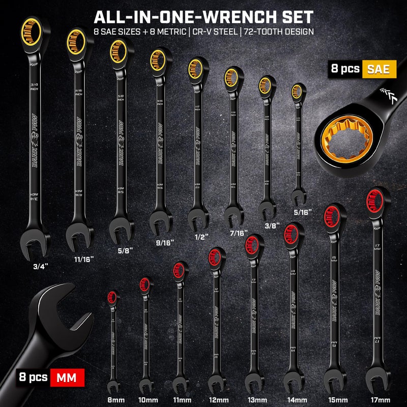 ironcube Ratcheting Wrench Set 16 Piece - Metric and Standard - Black Combination Ratchet Wrenches - Including Wax Canva Bag - LIFETIME SUPPORT - Image 2