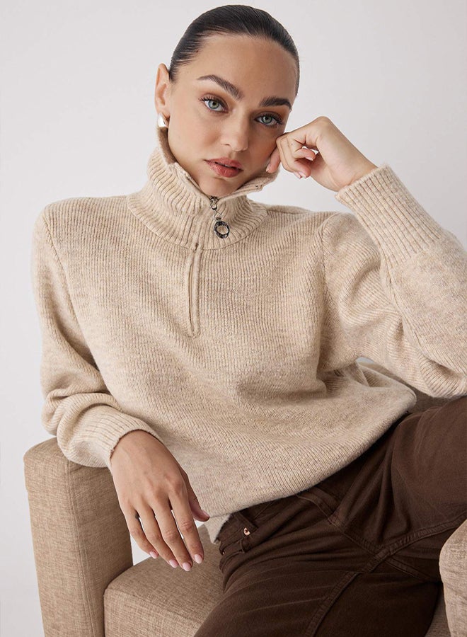 trendyol Wardrobe Essentials Stone Wool Premium Yarn Zippered Basic Knitwear Sweater | - Image 1