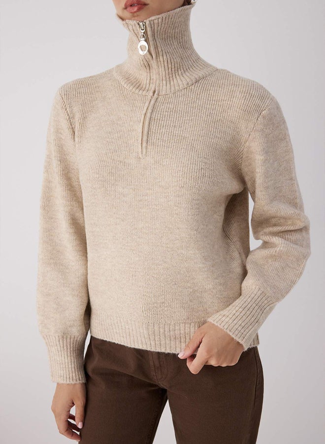 trendyol Wardrobe Essentials Stone Wool Premium Yarn Zippered Basic Knitwear Sweater | - Image 3
