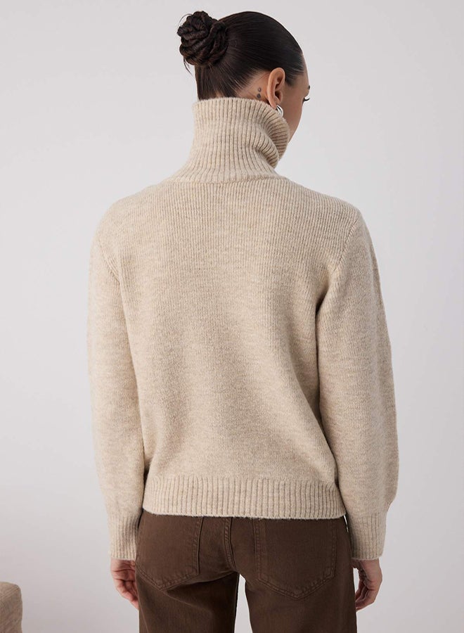 trendyol Wardrobe Essentials Stone Wool Premium Yarn Zippered Basic Knitwear Sweater | - Image 4
