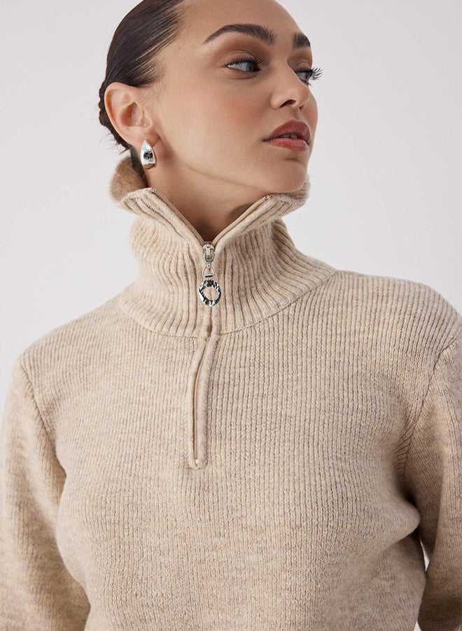 trendyol Wardrobe Essentials Stone Wool Premium Yarn Zippered Basic Knitwear Sweater | - Image 2