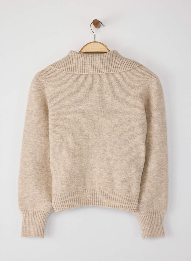 trendyol Wardrobe Essentials Stone Wool Premium Yarn Zippered Basic Knitwear Sweater | - Image 5