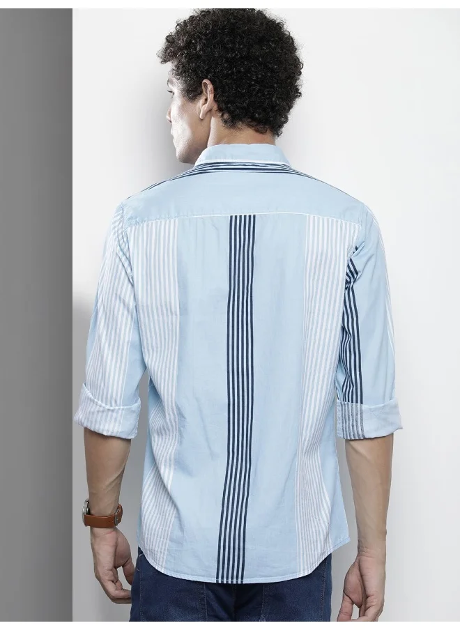 شركة المرآب الهندية Blue Regular Fit Casual Striped Cutaway Collar Full Sleeves Cotton Shirt