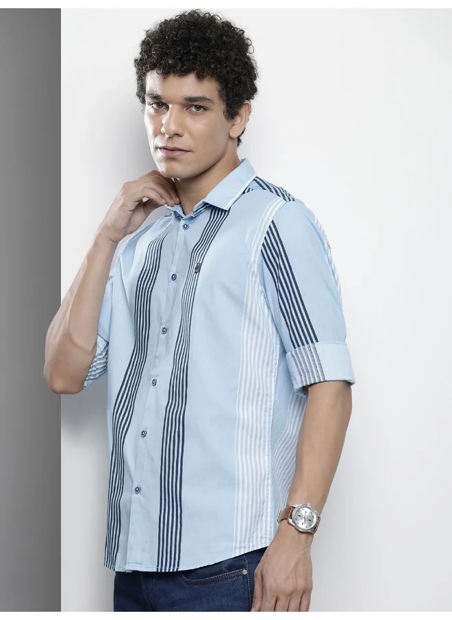 شركة المرآب الهندية Blue Regular Fit Casual Striped Cutaway Collar Full Sleeves Cotton Shirt