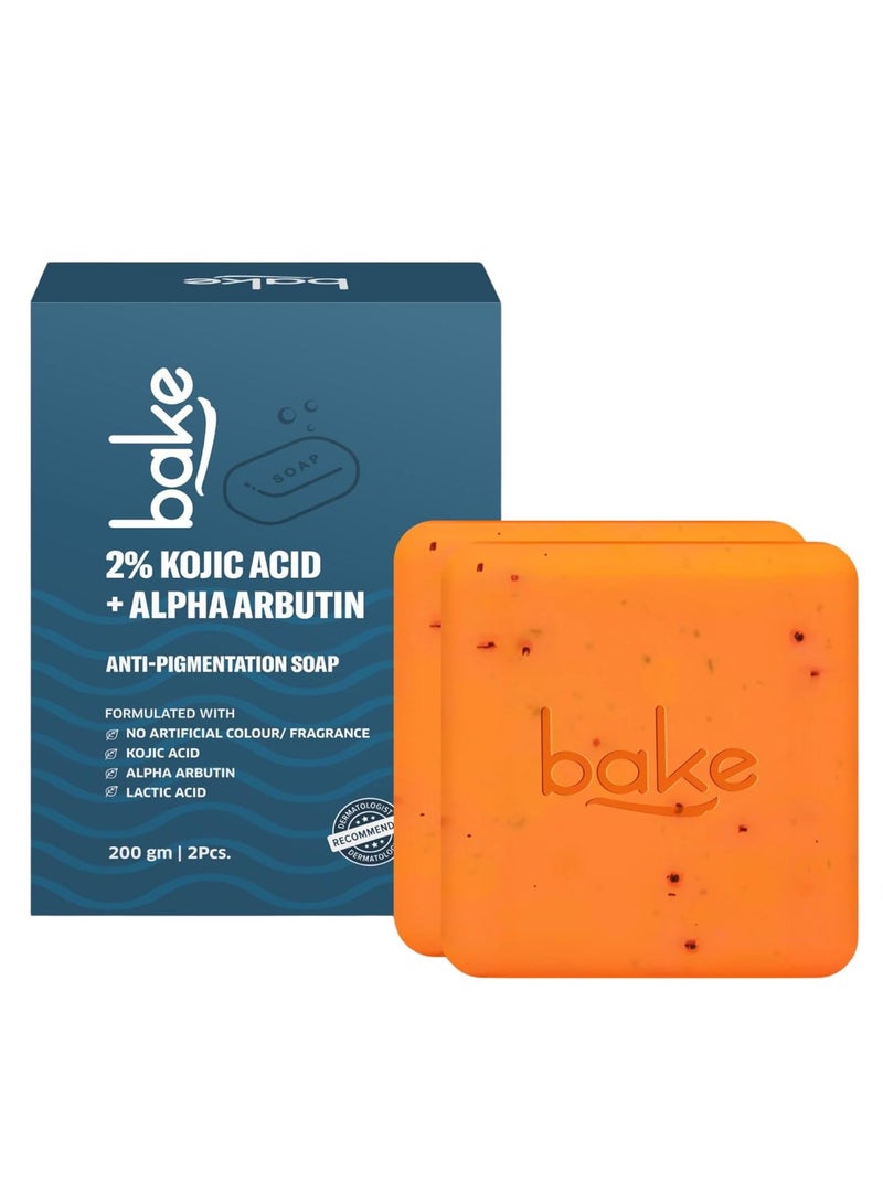 BAKE 2% Kojic Acid Scrub Treatment Soap (200 Gms) for Pigmentation, Dark Spots, Tan Removal, Brightens Underarms | With Alpha Arbutin, Lactic Acid & Niacinamide | Soap for Women & Men | 100g x 2 - Image 1