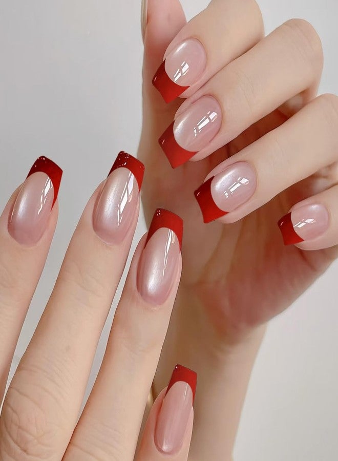 ROKHEVN 24pcs Red French Tip Press on Nails Short Square Fake Nails Cat Eye Design Stick on Nails Glossy False Nails Reusable Acrylic Glue on Nails for Women Nails Art Decoration - Image 1