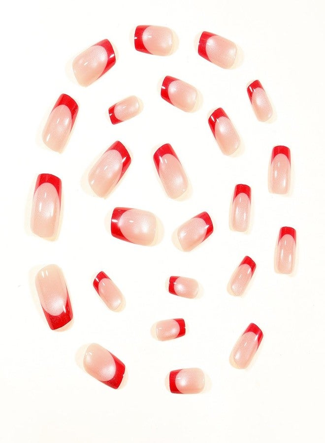 ROKHEVN 24pcs Red French Tip Press on Nails Short Square Fake Nails Cat Eye Design Stick on Nails Glossy False Nails Reusable Acrylic Glue on Nails for Women Nails Art Decoration - Image 3