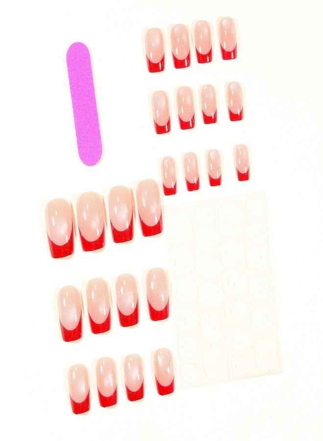 ROKHEVN 24pcs Red French Tip Press on Nails Short Square Fake Nails Cat Eye Design Stick on Nails Glossy False Nails Reusable Acrylic Glue on Nails for Women Nails Art Decoration - Image 2
