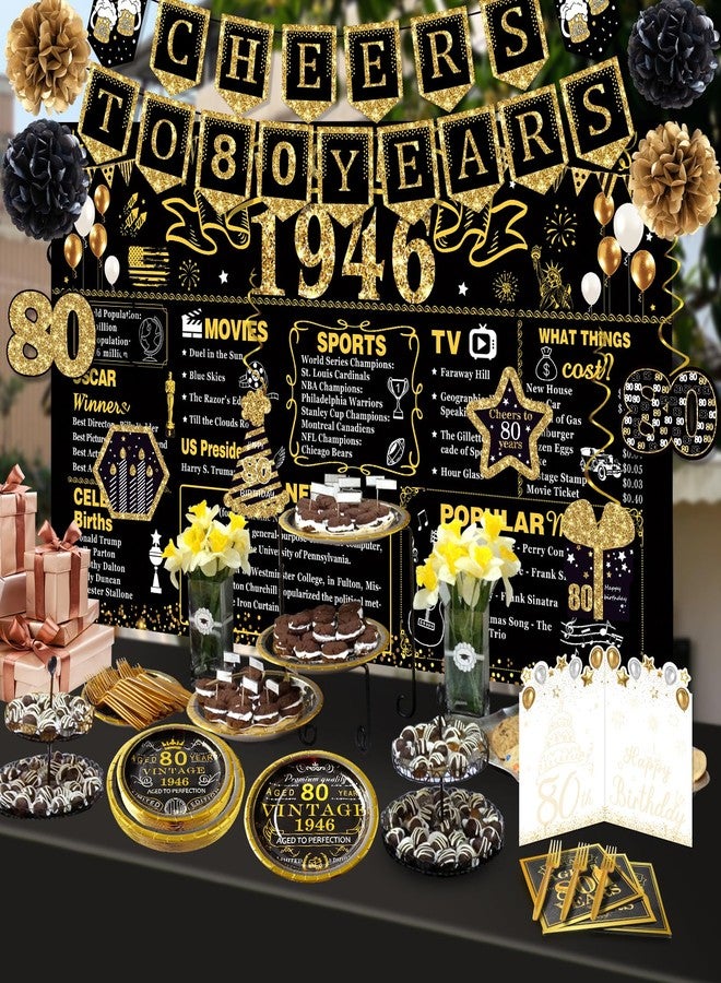 YeohJoy 80th Birthday Decorations for Men Women, 106 PCS Back in 1945 Decorations, Vintage 80th Birthday Party Tableware Set for men,Backdrops,Card, Banner, Paper Poms,Hanging Swirl, Tableware for 24 Guests - Image 2