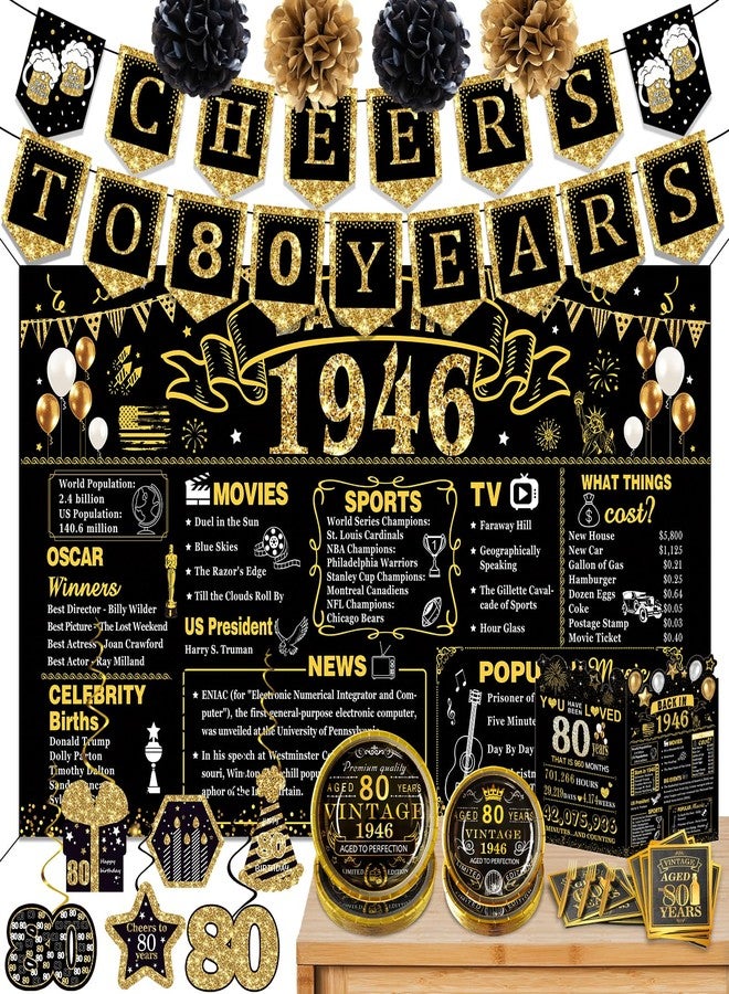 YeohJoy 80th Birthday Decorations for Men Women, 106 PCS Back in 1945 Decorations, Vintage 80th Birthday Party Tableware Set for men,Backdrops,Card, Banner, Paper Poms,Hanging Swirl, Tableware for 24 Guests - Image 1