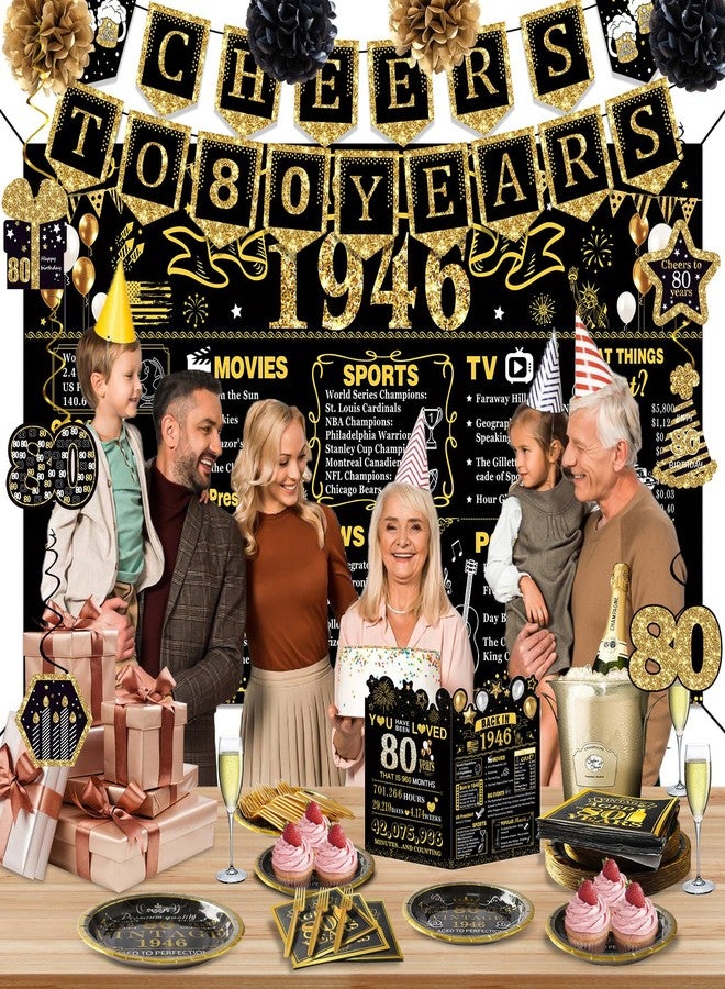YeohJoy 80th Birthday Decorations for Men Women, 106 PCS Back in 1945 Decorations, Vintage 80th Birthday Party Tableware Set for men,Backdrops,Card, Banner, Paper Poms,Hanging Swirl, Tableware for 24 Guests - Image 3