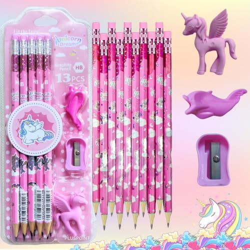 PLUSPOINT 26 Pieces Unicorn Pencils for Girls, 20 Unicorn Pencils with 2 Erasers 2 Grips 2 Sharpeners Colorful Kids Pencils Cute Unicorn School Supplies for Classroom Reward Party Favor (unicorn) - Image 3