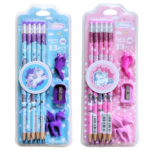 PLUSPOINT 26 Pieces Unicorn Pencils for Girls, 20 Unicorn Pencils with 2 Erasers 2 Grips 2 Sharpeners Colorful Kids Pencils Cute Unicorn School Supplies for Classroom Reward Party Favor (unicorn) - Image 1