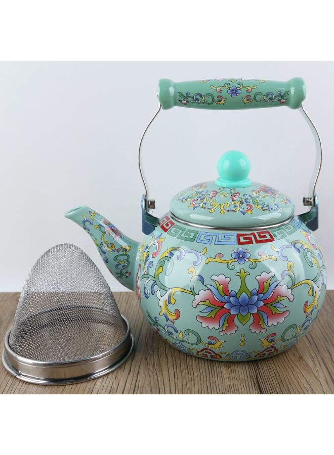 Thickened Large Capacity Enamel Flower Enamel Kettle Milk Teapot Flat Bottom Pot Induction Cooker Universal Teapot Cooling Kettle HC-Color:2.5l Green Hook Lotus (with Filter)-Capacity:Default  - Image 1