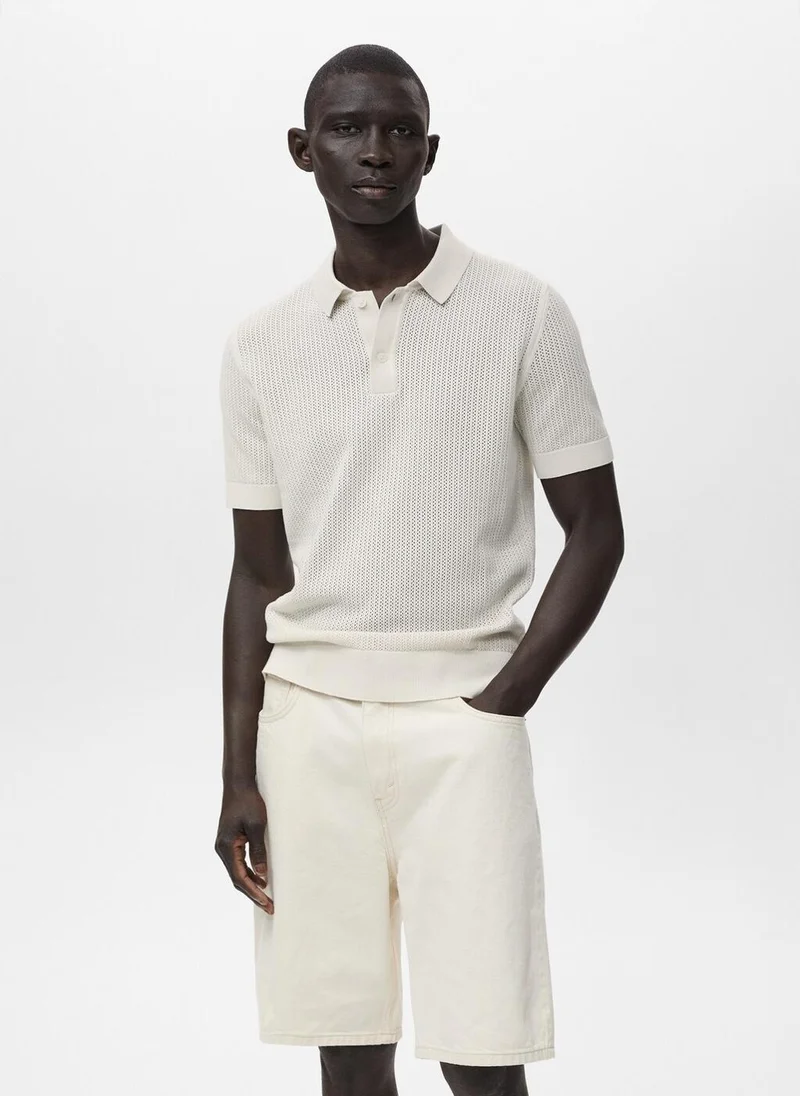 Mango Man Openwork knitted cotton polo shirt