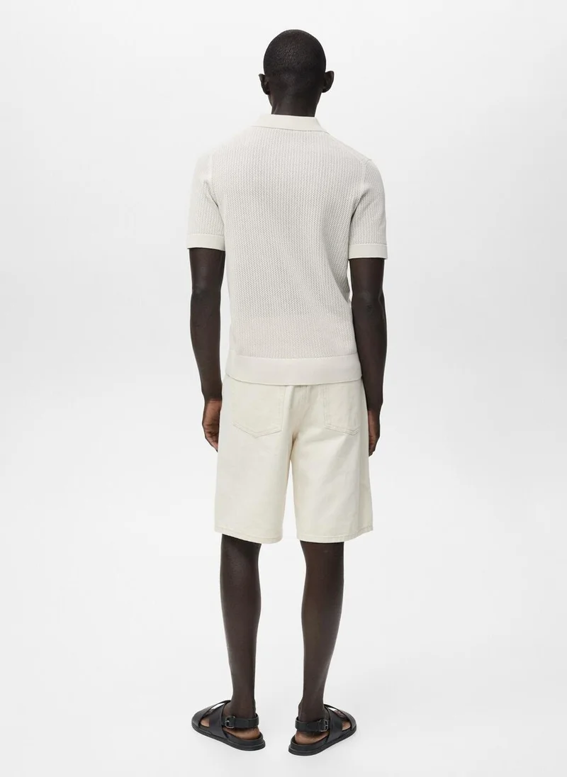 Mango Man Openwork knitted cotton polo shirt
