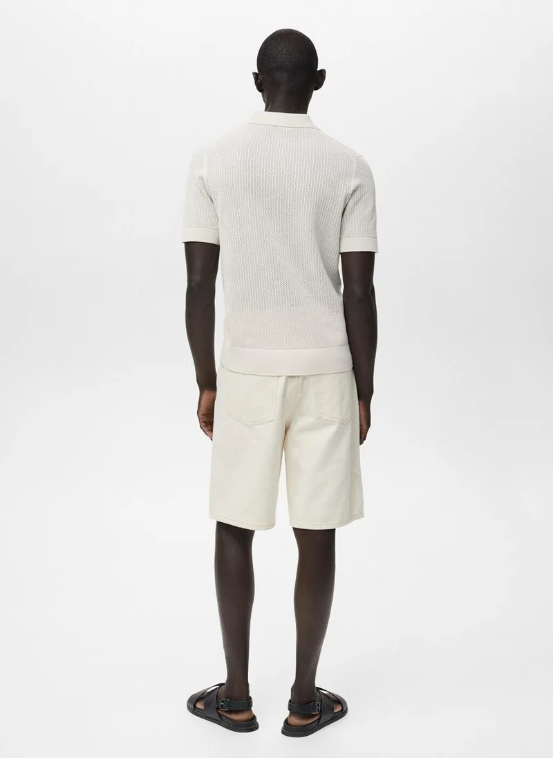 Mango Man Openwork knitted cotton polo shirt