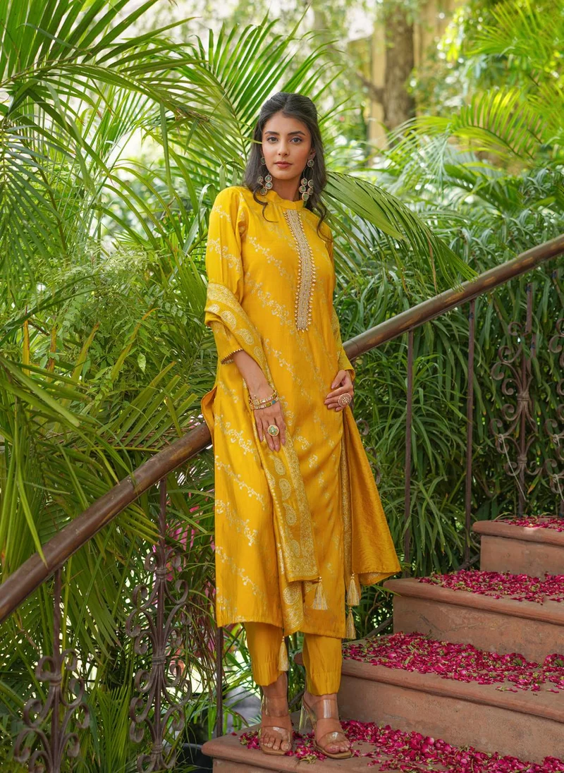 ZERESOUQ Yellow Silk Blend Floral Printed 3-Piece Kurta Set