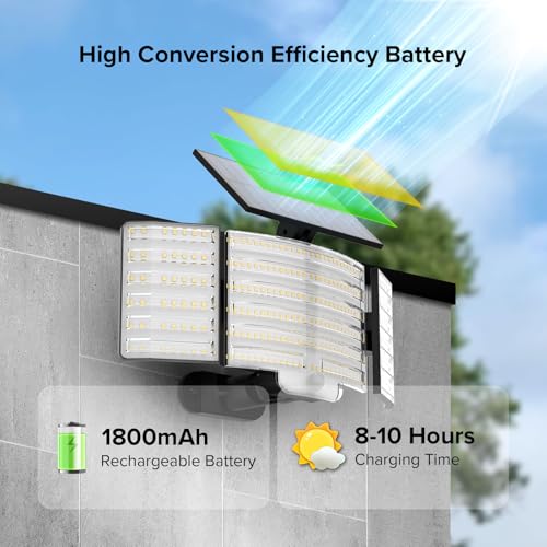 JJX Solar Outdoor Lights 3000LM 238 LED, 1 Pack 3-Head Motion Sensor Outdoor Lights, 6500K IP65 Waterproof 3 Lighting Modes Solar Security Light for Yard Garden Driveway with Remote Control - Image 4