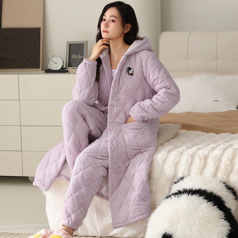 Long Quilted Pajamas Couple'S Winter Thickened Coral Fleece Cotton Nightgown Pajamas Suit Men'S And Women'S Warm Cotton Jacket Bathrobe - Image 1