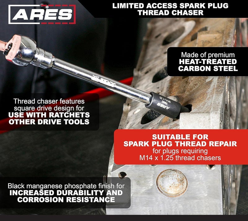 ARES 70692 – M14 x 1.25 Limited Access Spark Plug Thread Chaser Tool – Low Profile Design for Confined Areas – 5/8-Inch Hex Head with 3/8-Inch Square Drive Design for Superior Versatility - Image 3