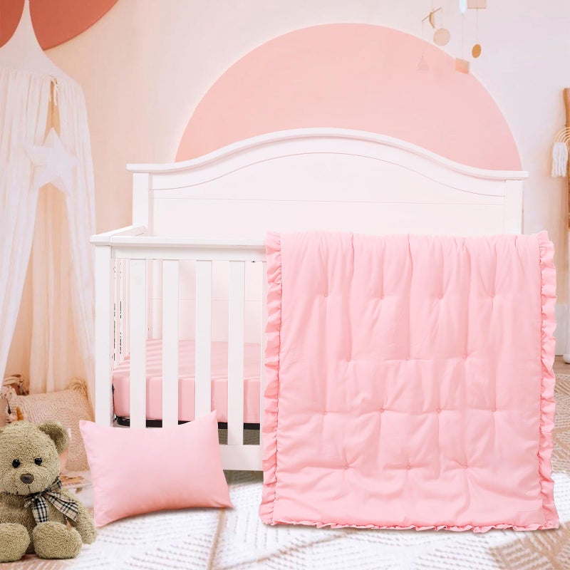 JISEN 3 Piece Crib Bedding Set Soft Baby Ruffle Crib Comforter Set with Quilt, Sheet, Pillowcase - Nursery Bedding for Boys or Girls Pink - Image 2