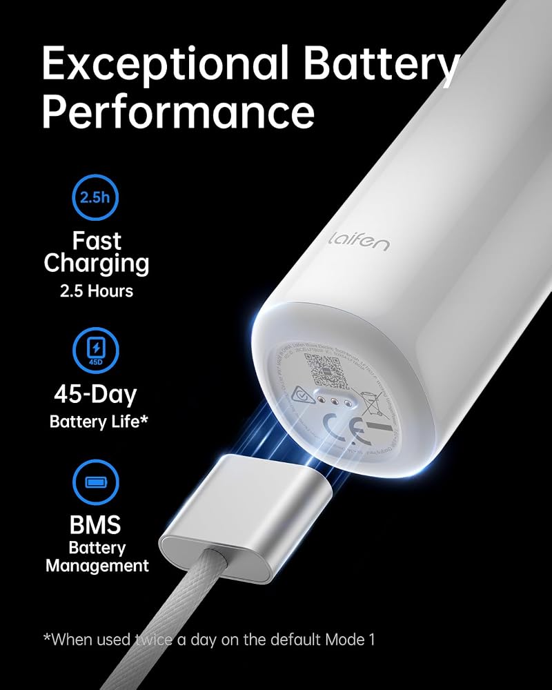 Laifen Wave Electric Toothbrush, Oscillation & Vibration Sonic Electric Toothbrush for Adults with App, 3 Brush Heads, IPX7 Waterproof Magnetic Rechargeable Travel Powered Toothbrush (ABS White) - Image 4