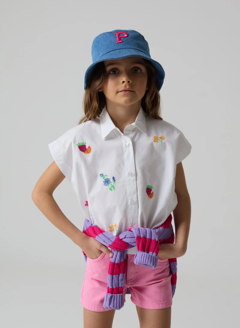 Ovs Cotton shirt with fruit and flowers embroidery