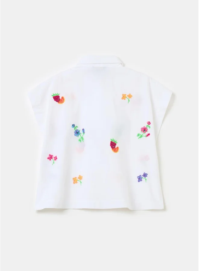 او في اس Cotton shirt with fruit and flowers embroidery
