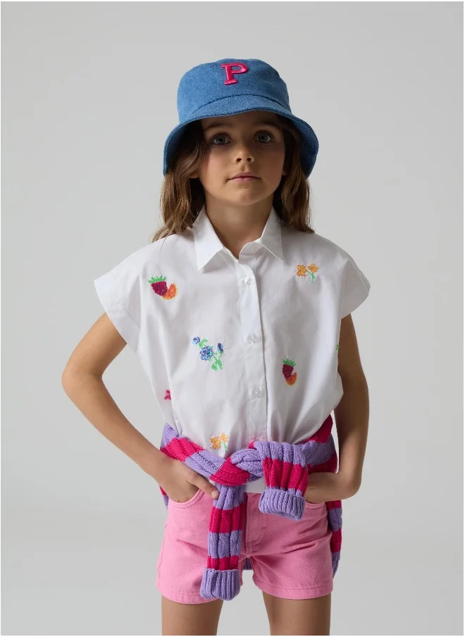 او في اس Cotton shirt with fruit and flowers embroidery