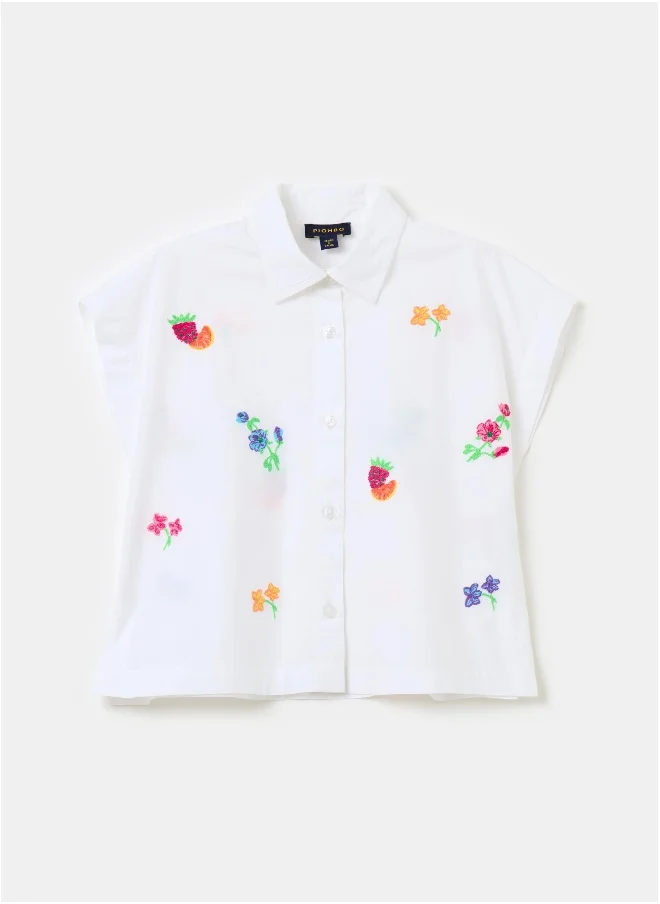 او في اس Cotton shirt with fruit and flowers embroidery