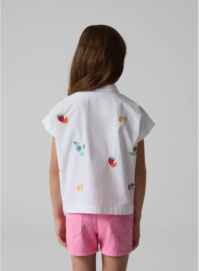 او في اس Cotton shirt with fruit and flowers embroidery