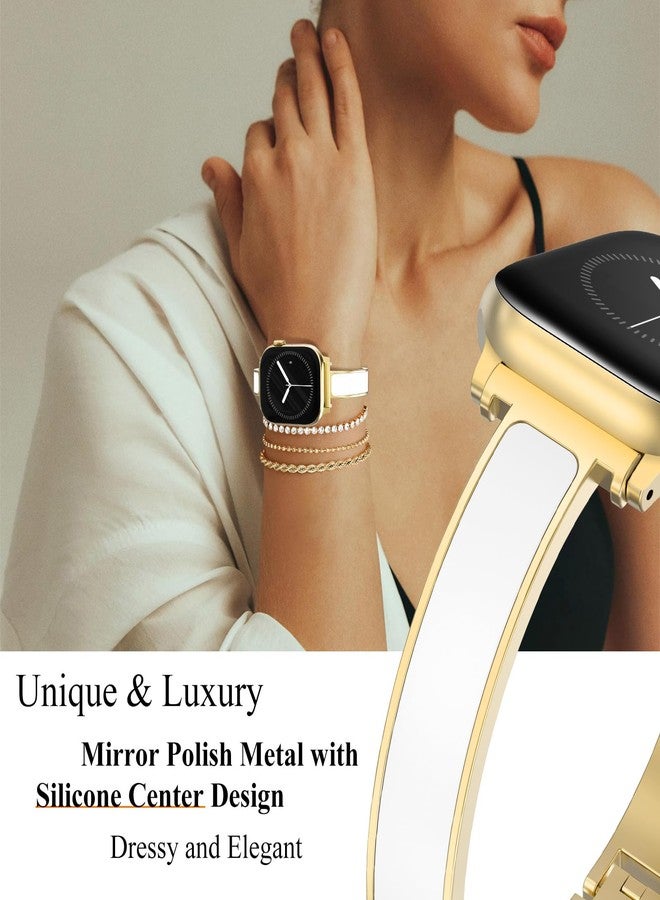 WINGLE Slim Bands for Gold Apple Watch Band Women Series 11 10 42mm 41mm 40mm 38mm SE 3/2/1 Jewelry Dressy Bracelet Metal Strap Designer Luxury Bangle for iWatch 9/8/7/6/5/4/3/2/1, Gold/White - Image 2