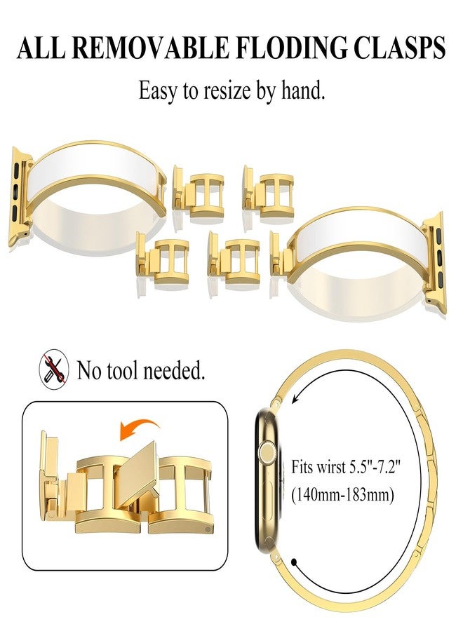 WINGLE Slim Bands for Gold Apple Watch Band Women Series 11 10 42mm 41mm 40mm 38mm SE 3/2/1 Jewelry Dressy Bracelet Metal Strap Designer Luxury Bangle for iWatch 9/8/7/6/5/4/3/2/1, Gold/White - Image 4