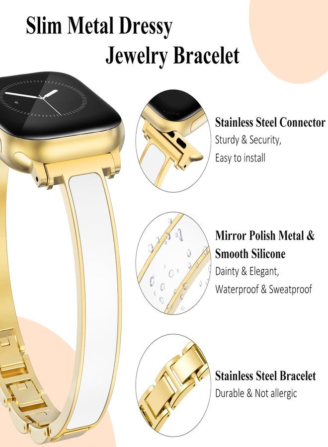 WINGLE Slim Bands for Gold Apple Watch Band Women Series 11 10 42mm 41mm 40mm 38mm SE 3/2/1 Jewelry Dressy Bracelet Metal Strap Designer Luxury Bangle for iWatch 9/8/7/6/5/4/3/2/1, Gold/White - Image 3