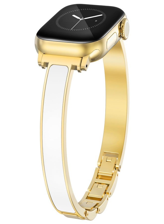 WINGLE Slim Bands for Gold Apple Watch Band Women Series 11 10 42mm 41mm 40mm 38mm SE 3/2/1 Jewelry Dressy Bracelet Metal Strap Designer Luxury Bangle for iWatch 9/8/7/6/5/4/3/2/1, Gold/White - Image 1