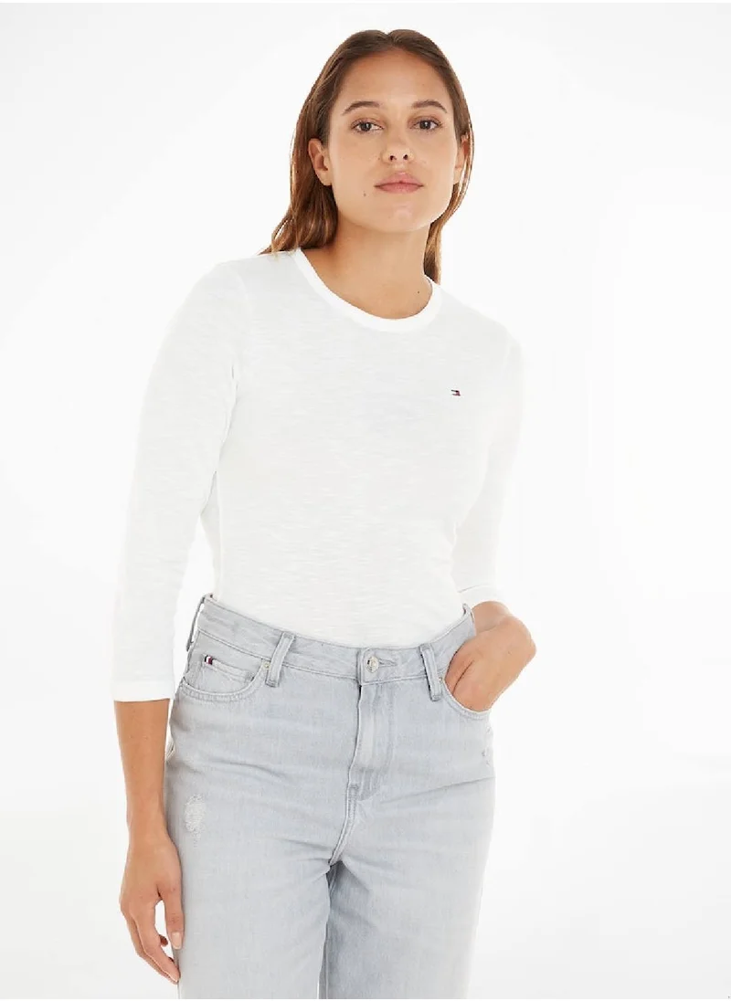 TOMMY HILFIGER Women's 1985 Slim Slub Open Long Sleeve Knit Tops - Cotton, White