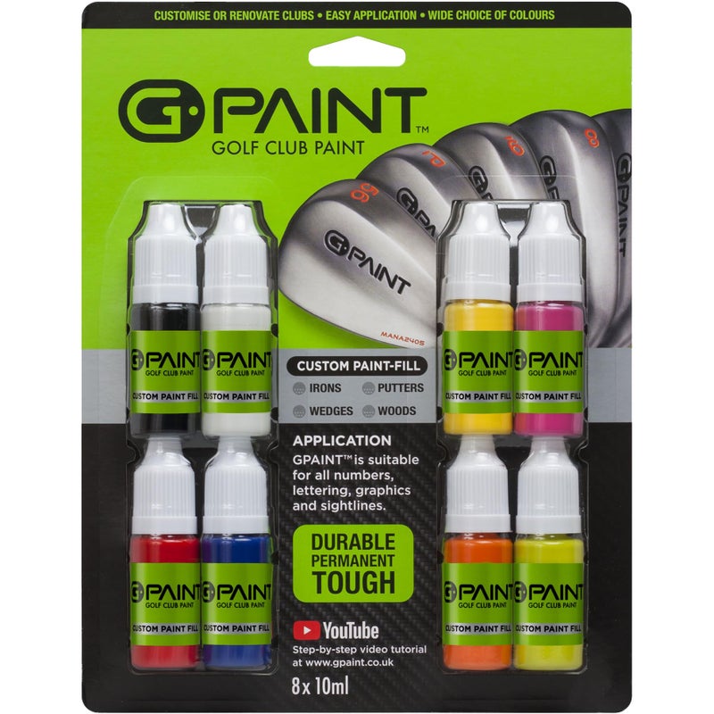 G-Paint طلاء ج-بينت لأندية الجولف، لمسة تجميل، تعبئة، تخصيص أو تجديد أنديتك - عبوة 8 زجاجات سعة 10 مل. أسود، أبيض، أحمر، أزرق، أصفر، وردي، برتقالي وأخضر - Image 1