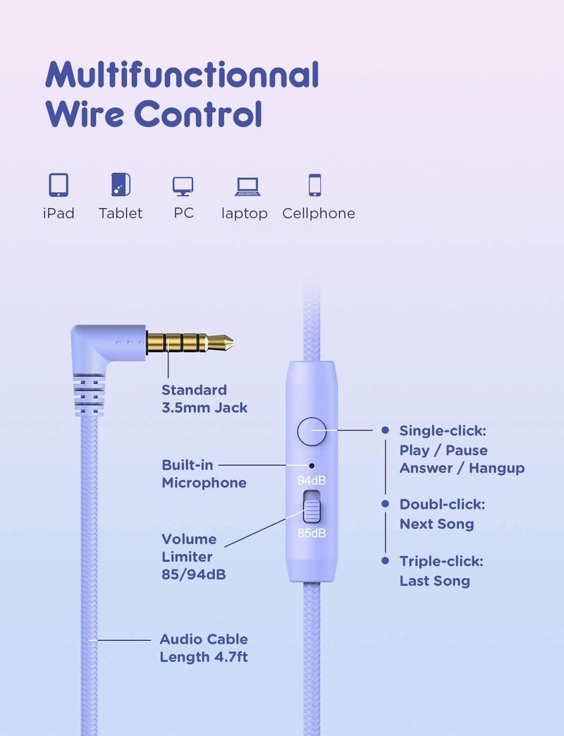 iClever [عبوة 2] سماعات رأس للأطفال مع ميكروفون للتعليم عبر الإنترنت - مستوى صوت آمن محدود 85dB/94dB، سماعات رأس قابلة للطي قابلة للتعديل للفتيات/الأولاد/الطائرة/الكمبيوتر/اللابتوب - Image 4