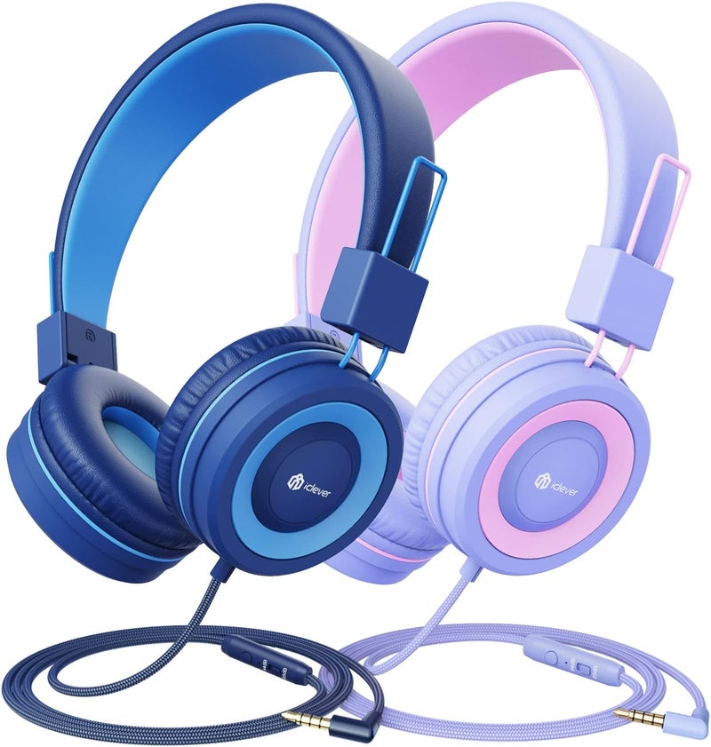 iClever [عبوة 2] سماعات رأس للأطفال مع ميكروفون للتعليم عبر الإنترنت - مستوى صوت آمن محدود 85dB/94dB، سماعات رأس قابلة للطي قابلة للتعديل للفتيات/الأولاد/الطائرة/الكمبيوتر/اللابتوب - Image 1