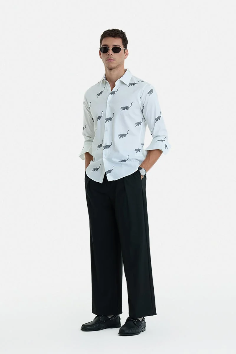 SNITCH White Animal Print Long Sleeve Slim Fit Casual Shirt