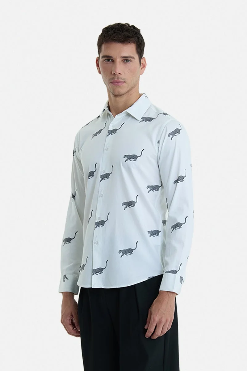 SNITCH White Animal Print Long Sleeve Slim Fit Casual Shirt
