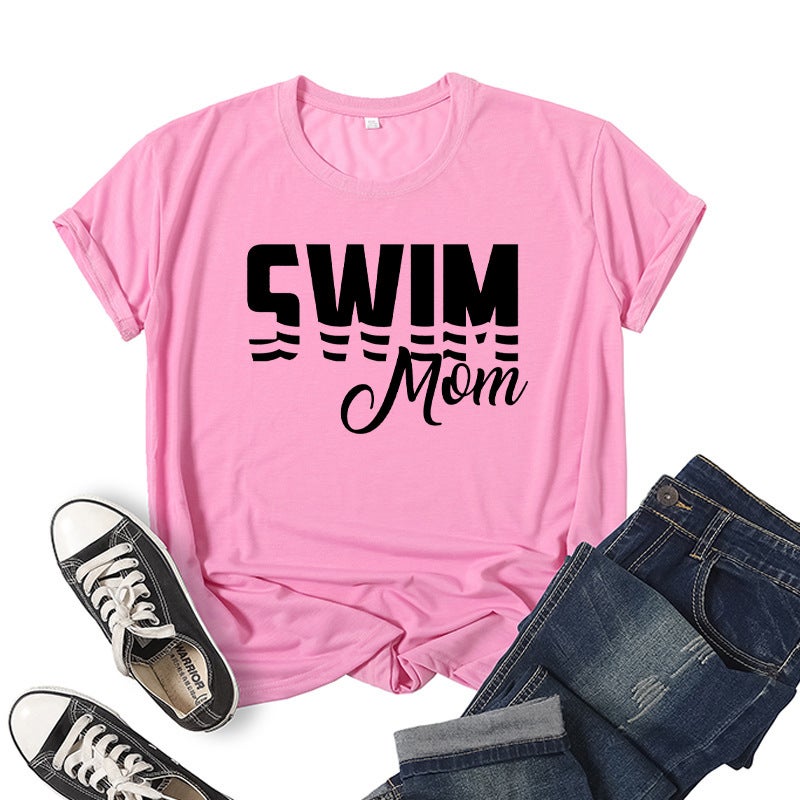 Foreign Trade Cross-border Swimming Mom Swim Mom Printed Short-sleeved Round Neck T-shirt European and American Mens and Womens Top Loose Casual Pink 