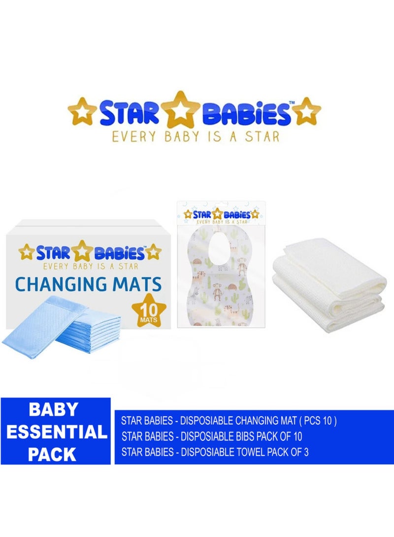 STAR BABiES Baby Essentials Pack Pack Of 3 Changing Mat 10Pcs Disposable Towel 3Pcs Bibs 10Pcs Blue - Image 1