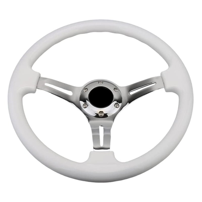 YEHICY Classic White Car Racing Steering Wheel Chrome Silver Spokes 350mm 13.5" Sports Wood Steering Wheel 6 Bolts Deep Dish With Horn Button - Image 1